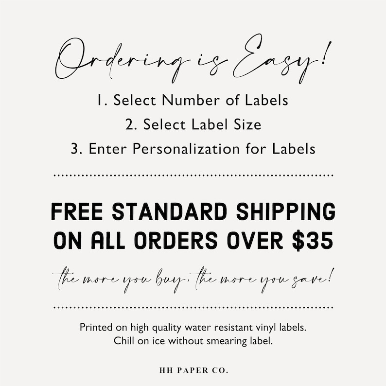 Puede incluir: Un fondo blanco con texto negro que dice "Ordering is Easy!" seguido de una lista de pasos: 1. Select Number of Labels, 2. Select Label Size, 3. Enter Personalization for Labels. Debajo de la lista hay una l&iacute;nea negra con el texto "FREE STANDARD SHIPPING ON ALL ORDERS OVER $35". Debajo de eso est&aacute; el texto "the more you buy, the more you save!" en cursiva. El texto "Printed on high quality water resistant vinyl labels. Chill on ice without smearing label." est&aacute; debajo de eso. El texto "HH PAPER CO." est&aacute; en la parte inferior de la imagen.