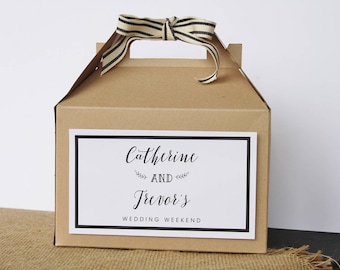 Set 10 Hotel Welcome Box - Kraft Gable Box with custom Labels modern black and white with laurel branches
