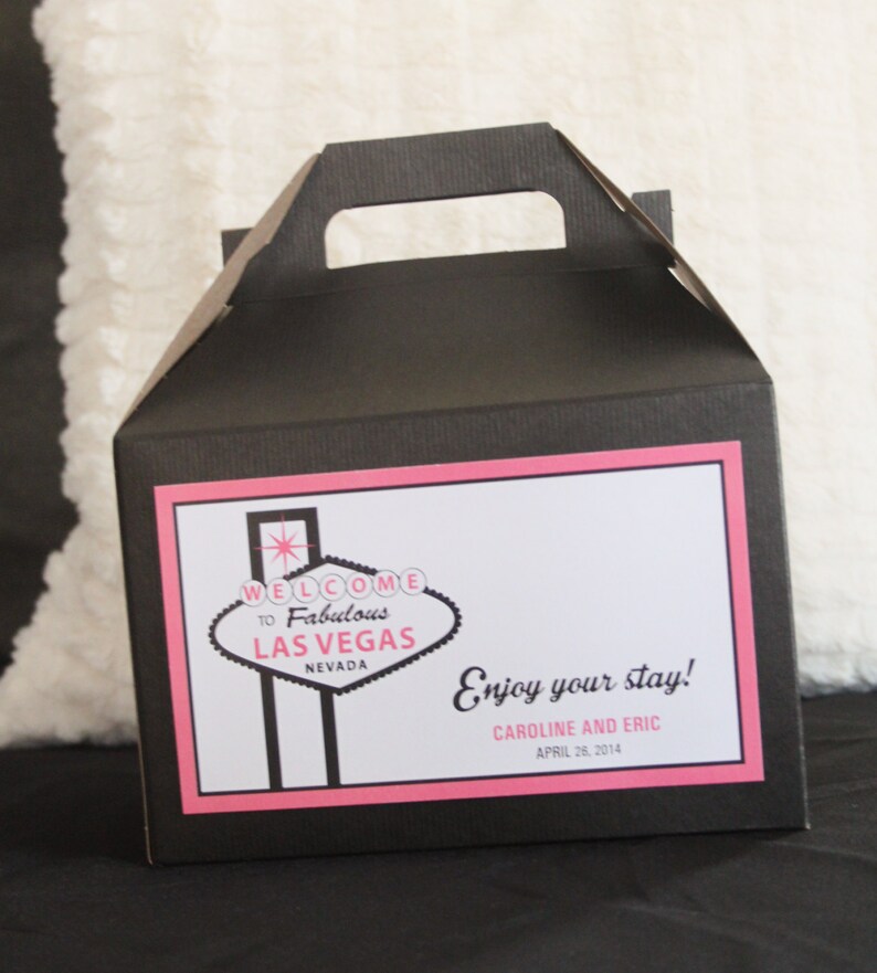 Gable Box with custom GOLD las Vegas label plus name tags Set 50 10 x 7 x 8 Hotel Welcome Box