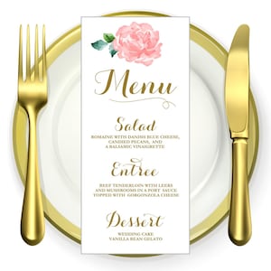 Afdrukbare bruiloft MENU-kaart - 4x9 - Roze & Goud - vintage rose - Repetitiediner - douche - lunch