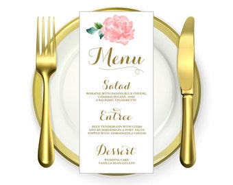 Printable Wedding MENU card- 4x9 - Pink & Gold - vintage rose - Rehearsal dinner - shower - luncheon