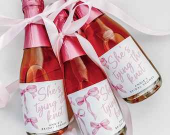 She's Tying the Knot - Champagne Wine bottle labels - Waterproof  - Bachelorette party - Bridal Shower - Hens - Pink Bows Coquette