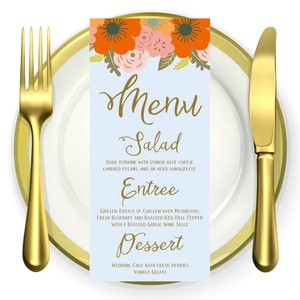 Menú IMPRIMIBLE Boda Floral 4x9 - Caqui - naranja - oro - Azul pálido - Cena de ensayo - ducha - almuerzo