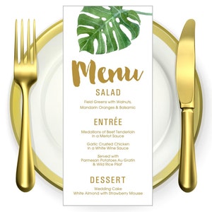 Wydrukuj kartę MENU weselnego - 4x9 - Vintage Botanical Palm leaves palm branches palm modern - Gold - Próba kolacji - prysznic - lunch
