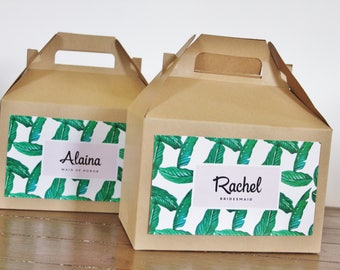 Set 10 Kraft Gable Boxes with Label  -Bridal party - bridesmaids gifts - tropical - palms - banana leaves - botanical