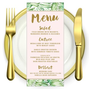 Cartão MENU de casamento para impressão - 4x9 - Vintage Blush rosa Folhas de palmeira ramos de palmeira palmas douradas - Jantar de ensaio - banho - almoço