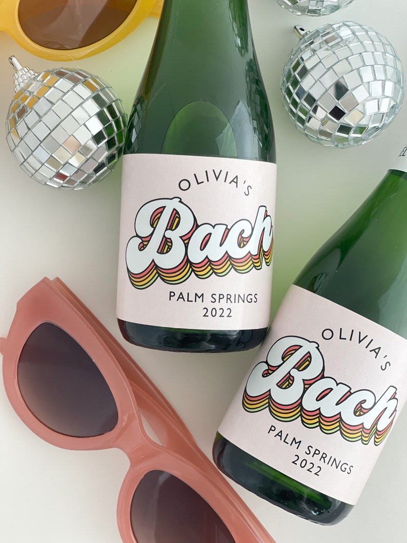 Mini Champagne bottle label - Waterproof  - Bachelorette party - Retro Hippie blush pink rainbow personalized Wine Mini Champagne Labels 