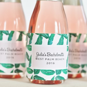 Bachelorette party Mini Champagne bottle labels - Waterproof  - pink blush Palm Leaves Tropical Banana leaves botanical
