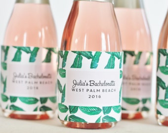 Bachelorette party Mini Champagne bottle labels - Waterproof  - pink blush Palm Leaves Tropical Banana leaves botanical