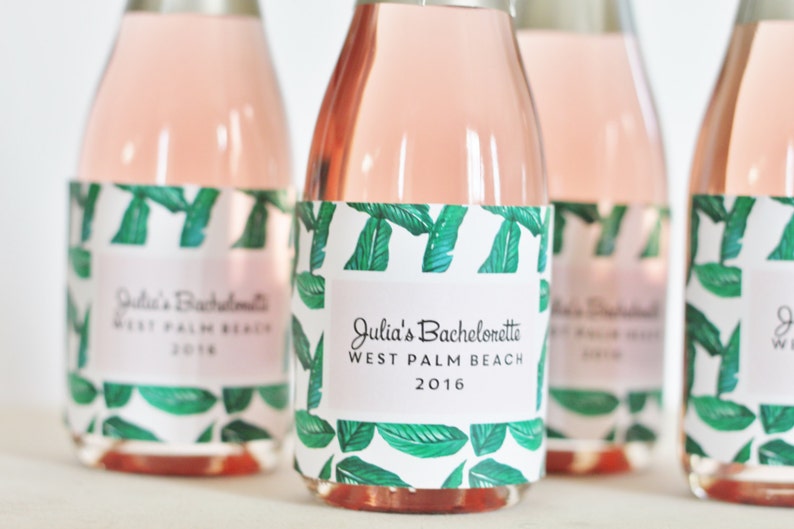 Bachelorette party Mini Champagne bottle labels - Waterproof  - pink blush Palm Leaves Tropical Banana leaves botanical 