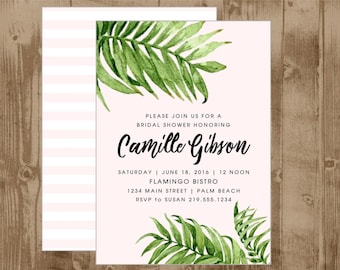 Printable Bridal Wedding Shower Birthday Invitation - Blush Pink Green Palm branches - palm leaves - tropical fronds - palm beach modern