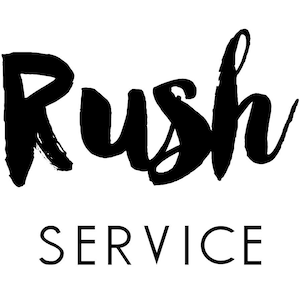 May include: Black and white logo with the word "Rush" in a bold, handwritten font. Below the word "Rush" is the word "Service" in a smaller, sans-serif font.