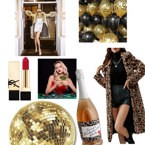 Puede incluir: Una imagen con tem&aacute;tica de despedida de soltera con una bola de discoteca dorada, una botella de vino espumoso con una etiqueta de estampado de leopardo que dice "Jenna's Bachelorette Party", una mujer con un abrigo de estampado de leopardo y pantalones cortos negros, una mujer jugando a las cartas y un pintalabios rojo.