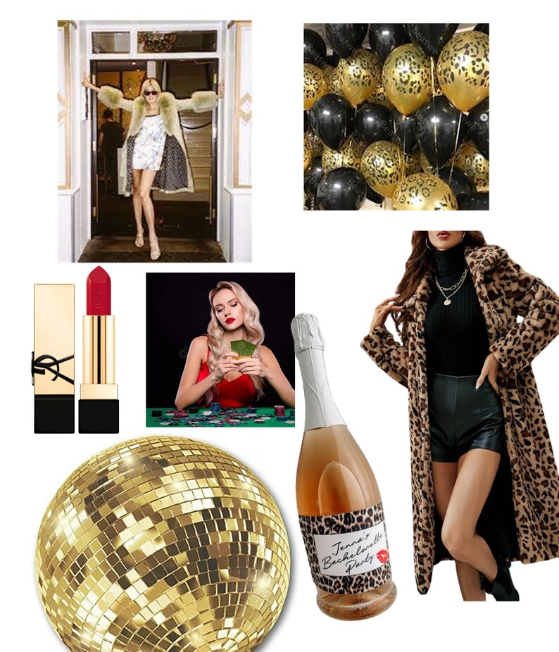 Puede incluir: Una imagen con tem&aacute;tica de despedida de soltera con una bola de discoteca dorada, una botella de vino espumoso con una etiqueta de estampado de leopardo que dice "Jenna's Bachelorette Party", una mujer con un abrigo de estampado de leopardo y pantalones cortos negros, una mujer jugando a las cartas y un pintalabios rojo.