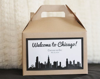 Set 10 Wedding Welcome Box -Gable Box con etiqueta personalizada del horizonte de CHICAGO