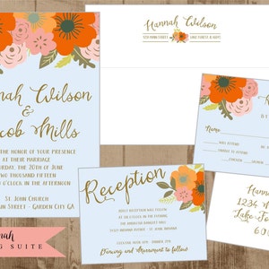 Invitación imprimible a la suite de bodas - Tarjeta de respuesta - Tarjeta de recepción - Plantillas de sobres Flores vintage Naranja Caqui Melocotón Rosa Azul pálido