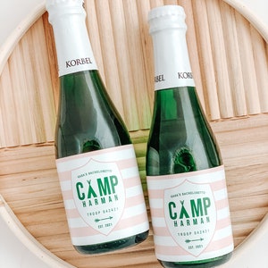 Mini Champagne bottle label - Waterproof  - Troop Camp Pink Green Crest Logo - Bridal Shower - Bachelorette party