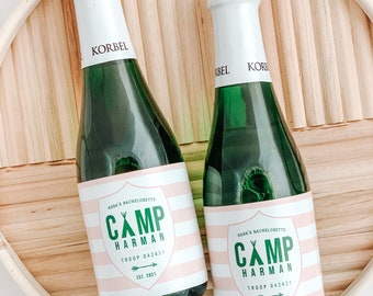 Mini Champagne bottle label - Waterproof  - Troop Camp Pink Green Crest Logo - Bridal Shower - Bachelorette party