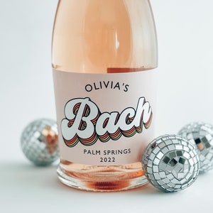 Champagne bottle label - Waterproof  - Bachelorette party - Retro Hippie blush pink rainbow personalized Wine Mini Champagne Labels
