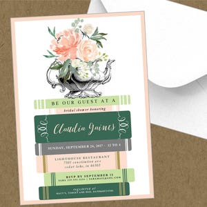 Libri vintage stampabili e inviti floreali - Matrimonio - addio al nubilato - baby shower - Doccia per libri Teiera per tea party Blush Peach Green