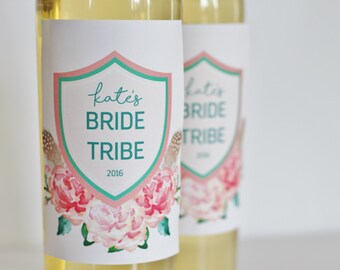 BRIDE TRIBE full size wine bottle labels - Waterproof  - Bachelorette party Bridal Party gift Blush Pink Roses feathers boho watercolor