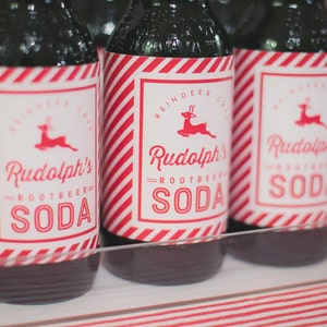 Retro Modern Printable Bottle Wraps - instant download - red and white striped Rudolph&#39;s Rootbeer Soda Reindeer cafe