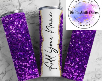 Personalized Purple Glitter Print Tumbler - Glittery Print Tumbler - Custom Name Tumbler Gift - Personalized Skinny Tumbler- Name Tumbler