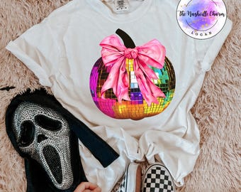 Pink and Orange Disco Ball Pumpkin Comfort Colors T Shirt, Halloween T, Cute Halloween Shirt, Autumn T, Fall Pumpkin Shirt, Coquette shirt