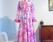 60s Maxi Dress Pink Chiffon Print Size S M 6 7