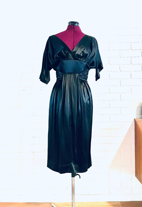 50s Black Liquid Satin Silk Dress by Suzy Parette… - image 3