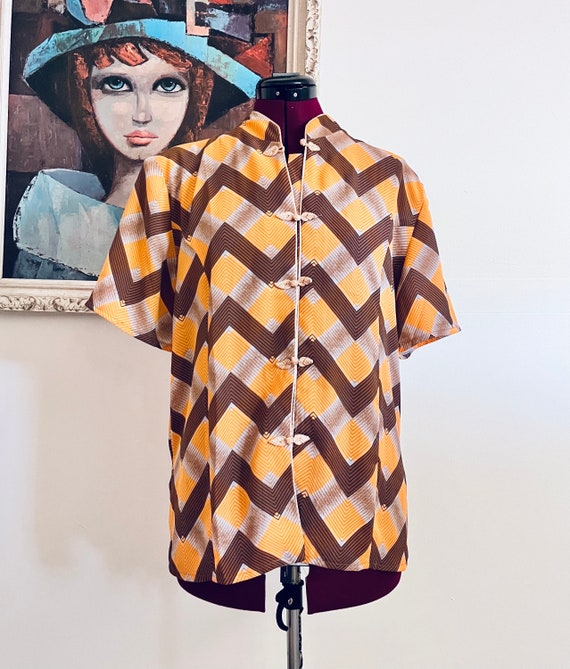 70s Chiffon Blouse Mandarin Collar Button Up Chin… - image 1