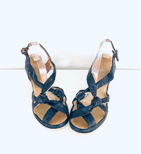 40s Sandals Wedge Heel Black Leather 7 37