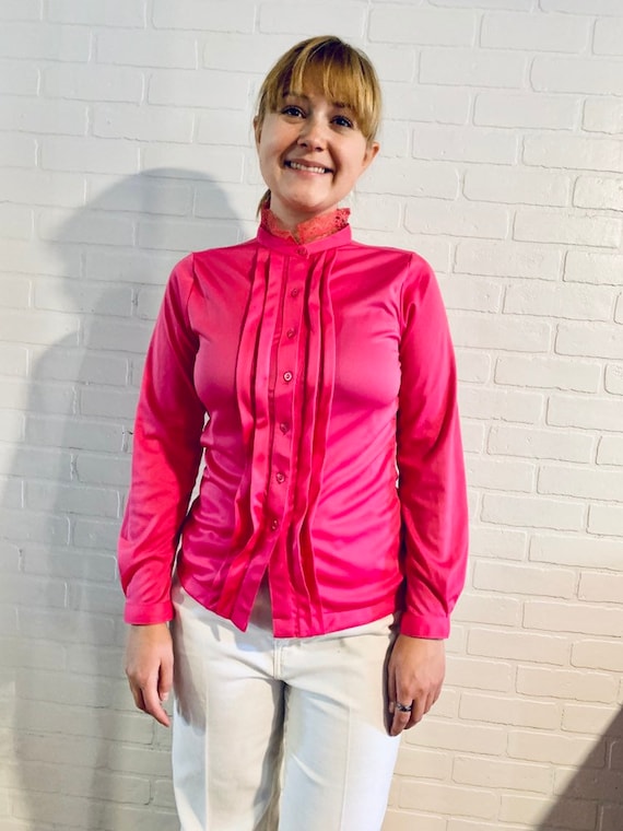 70s Pink Tuxedo Shirt Blouse Ruffled 