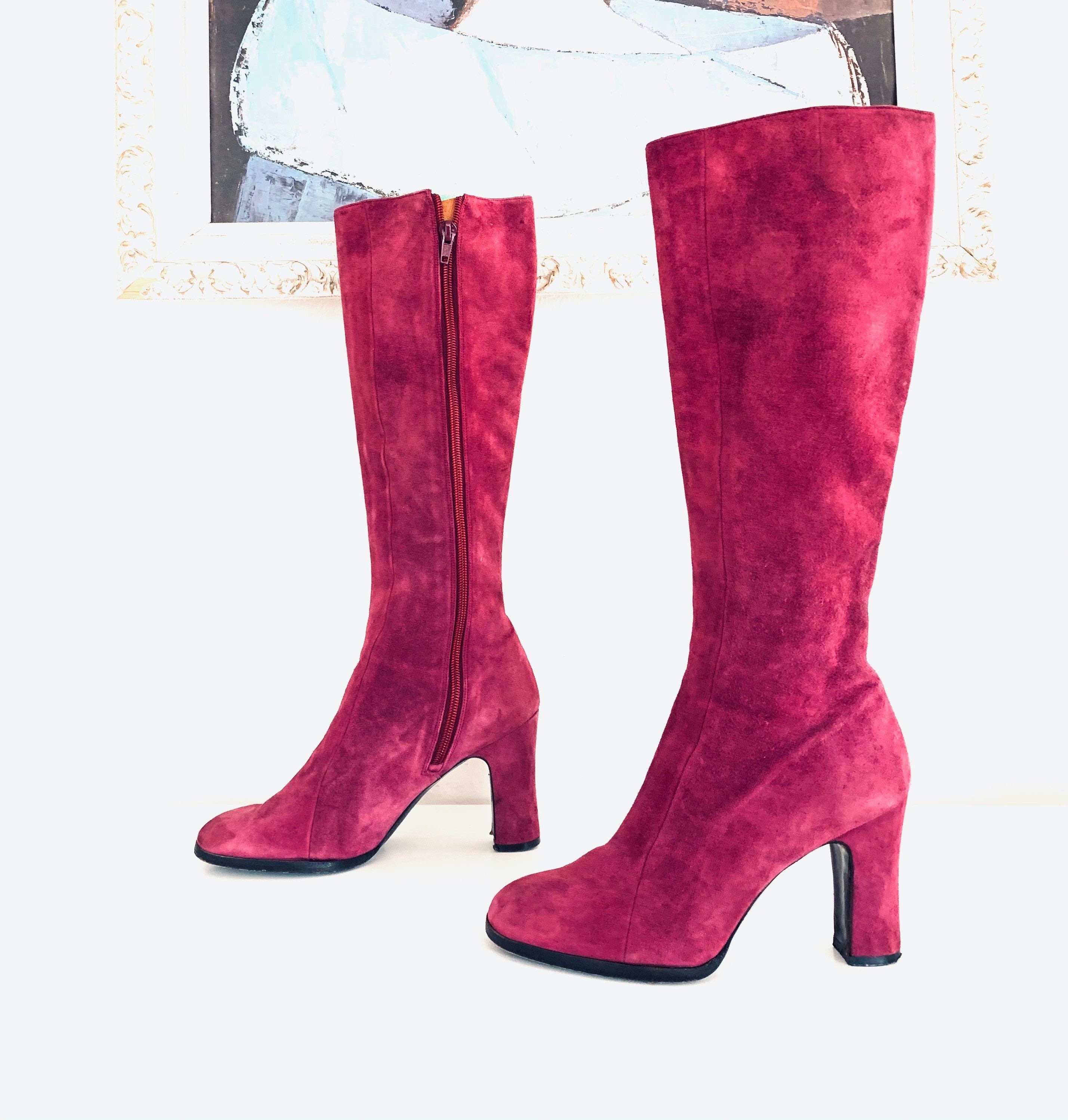 pink suede knee high boots