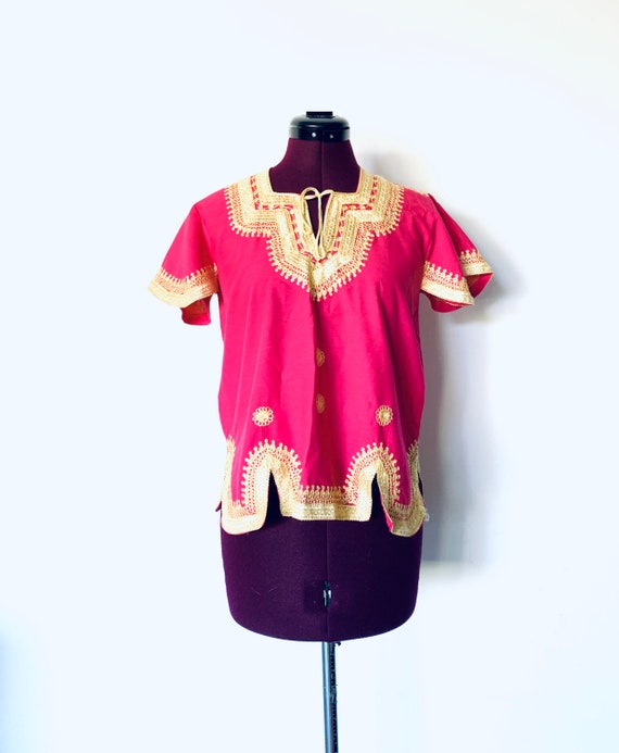 70s Pink Top Embroidered Indian Tunic Gold size X… - image 1