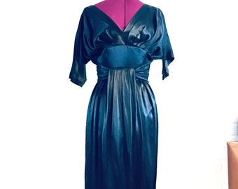 50s Black Liquid Satin Silk Dress by Suzy Parette size 12 L