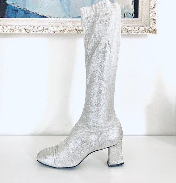 60s Silver Go Go Boots Lurex Lame UNUSED Knee Hig… - image 1