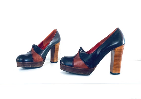 70s Platforms Colorblock Chunky Heel Shoes size 8