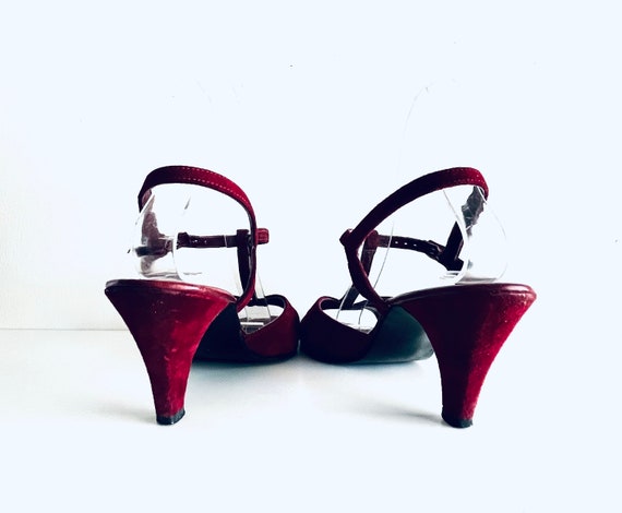 70s Burgundy Red Suede T-Strap Sandals Heels by H… - image 7