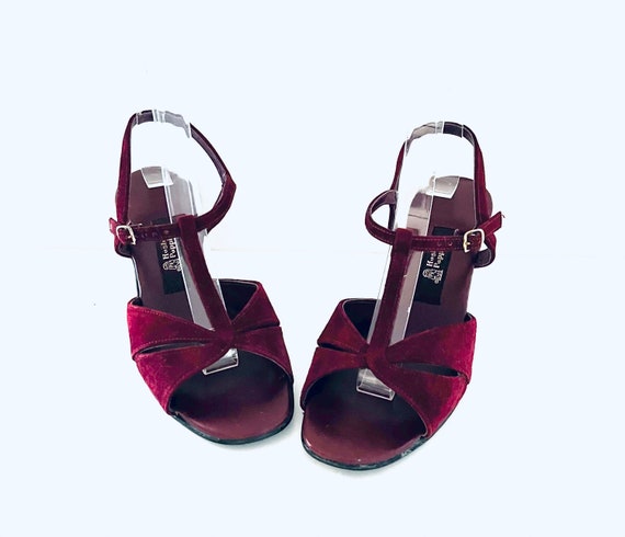 70s Burgundy Red Suede T-Strap Sandals Heels by H… - image 3