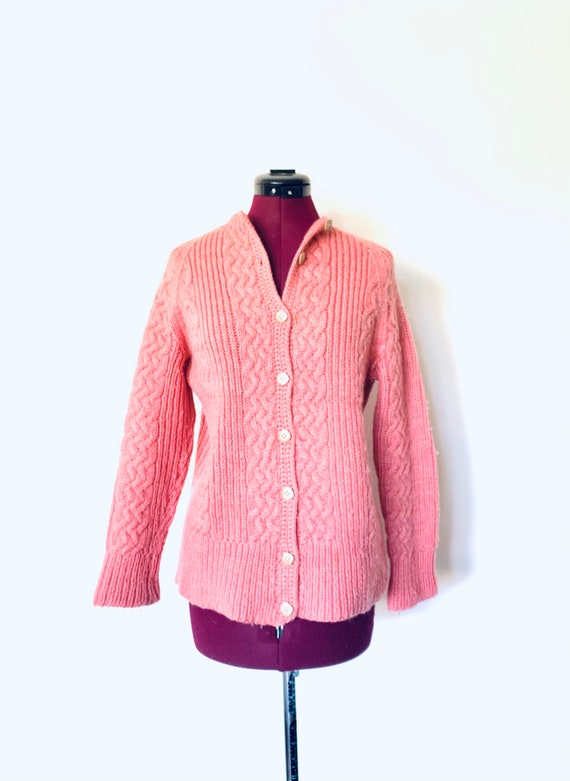 50s Pink Cardigan Sweater Handmade Wool Sweater S 