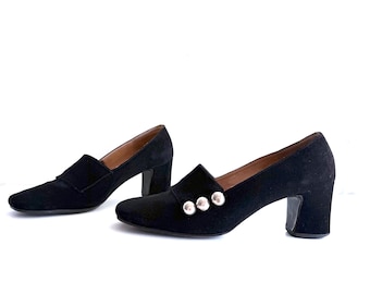 60s Black Suede Pumps Heels Shoes made in Italy by Bollati Boutique size 6.5 6 1/2 36.5 37