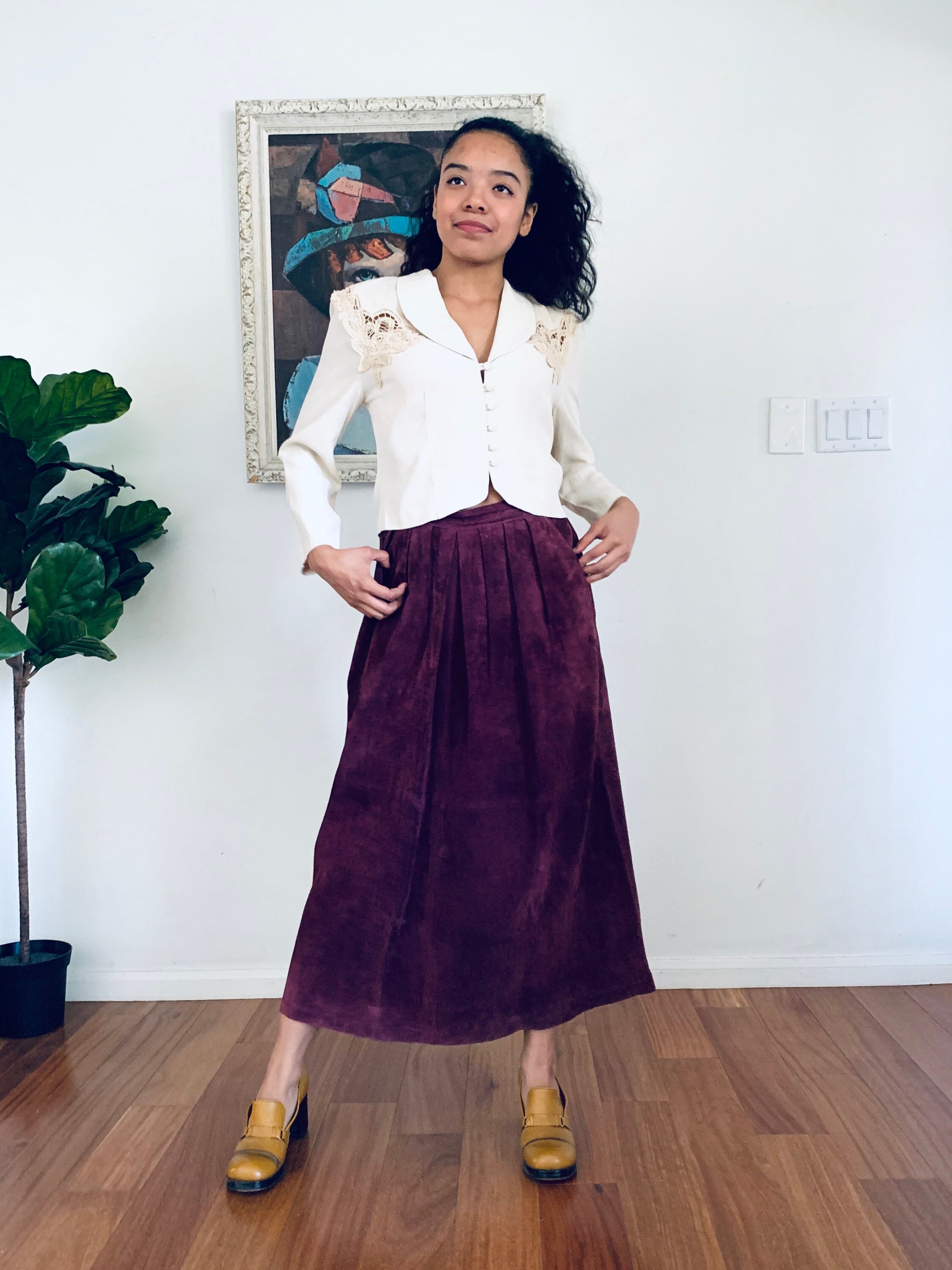 80s Purple Suede Leather Maxi Skirt Made in Korea by JH