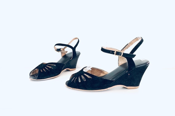 40s Wedge Sandals Black Suede Leather size 6 M 36