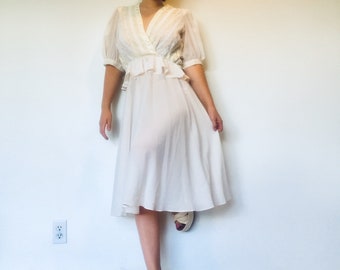 70s Cream Chiffon Dress Pleated Skirt Sheer Lace Dress Made in Switzerland by Ursula Size S M 7 8