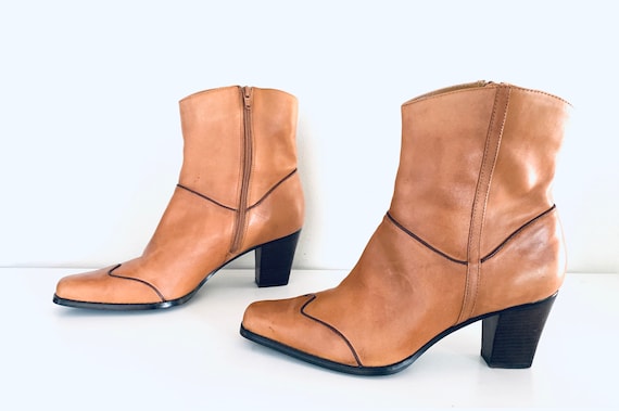 90s Boots Leather Western Ankle Boots Chunky Heels