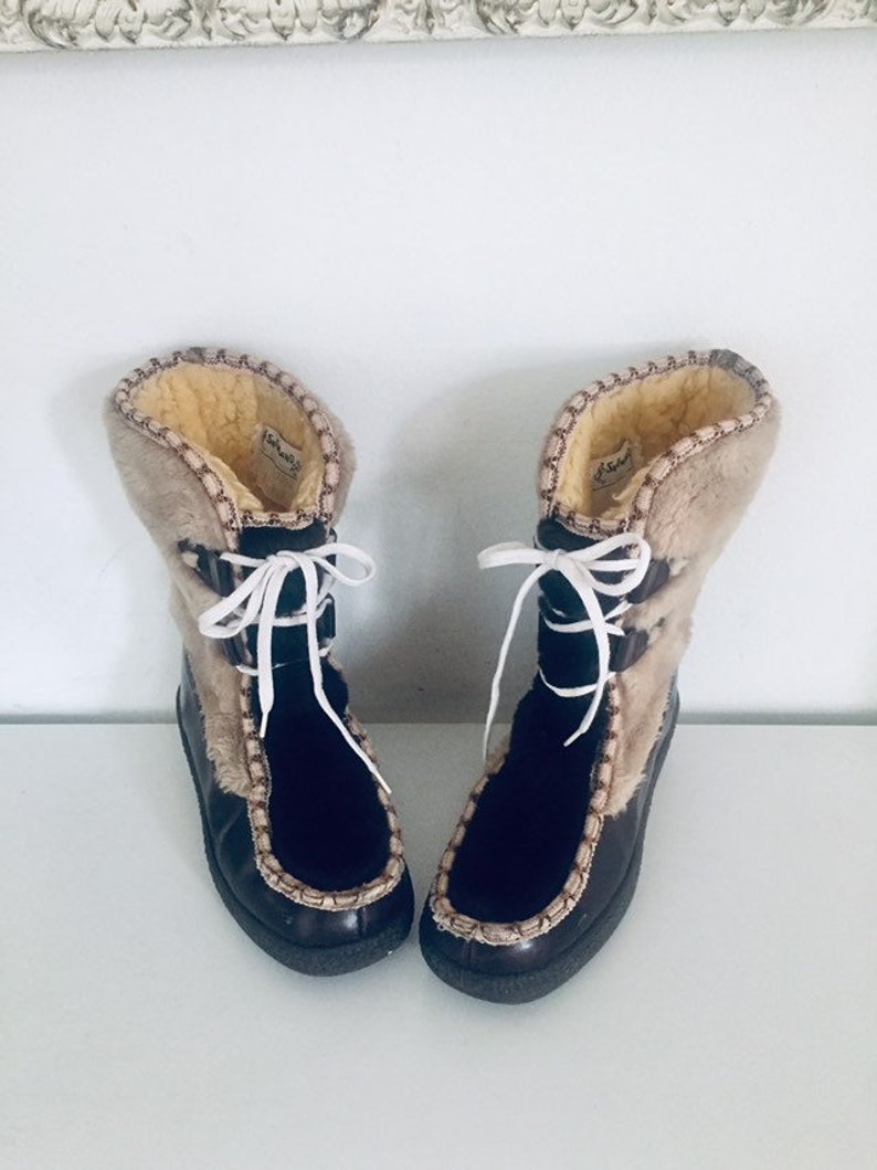 60s Winter Snow Boots Brown Sherpa Lined by Snowland Size 6 6.5 12 36 37