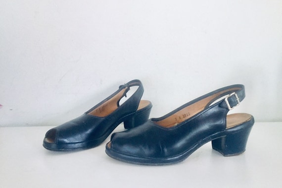 40s Shoes Blue Sandals Leather Slings Chunky Heels