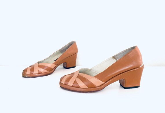 60s does 40s Wedge Heels Colorblock Shoes Leather
