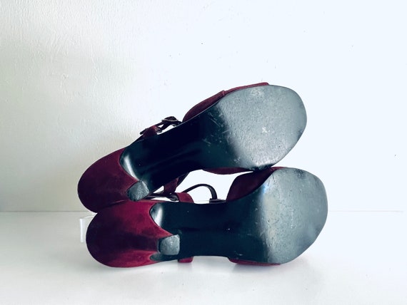 70s Burgundy Red Suede T-Strap Sandals Heels by H… - image 8